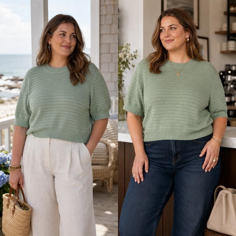 Frye Women's‎ Pointelle Knit Top Sweater XXL Green Short Sleeve Cropped Textured